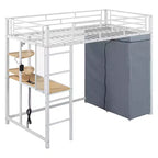 Letto a soppalco con armadio sottostante e tenda, struttura in metallo con scrivania, mensole, presa elettrica e luce a LED