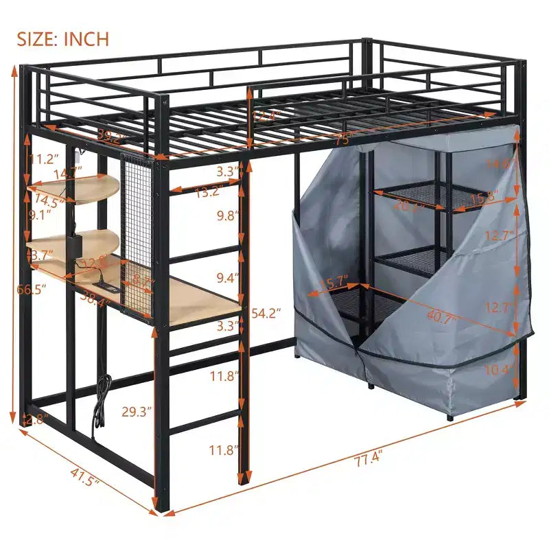 Letto a soppalco con armadio sottostante e tenda, struttura in metallo con scrivania, mensole, presa elettrica e luce a LED