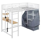 Letto a soppalco con armadio sottostante e tenda, struttura in metallo con scrivania, mensole, presa elettrica e luce a LED