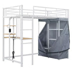 Letto a soppalco con armadio sottostante e tenda, struttura in metallo con scrivania, mensole, presa elettrica e luce a LED