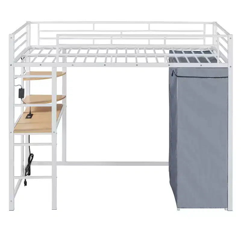 Letto a soppalco con armadio sottostante e tenda, struttura in metallo con scrivania, mensole, presa elettrica e luce a LED