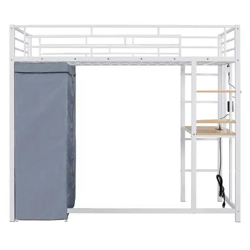Letto a soppalco con armadio sottostante e tenda, struttura in metallo con scrivania, mensole, presa elettrica e luce a LED