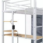 Letto a soppalco con armadio sottostante e tenda, struttura in metallo con scrivania, mensole, presa elettrica e luce a LED