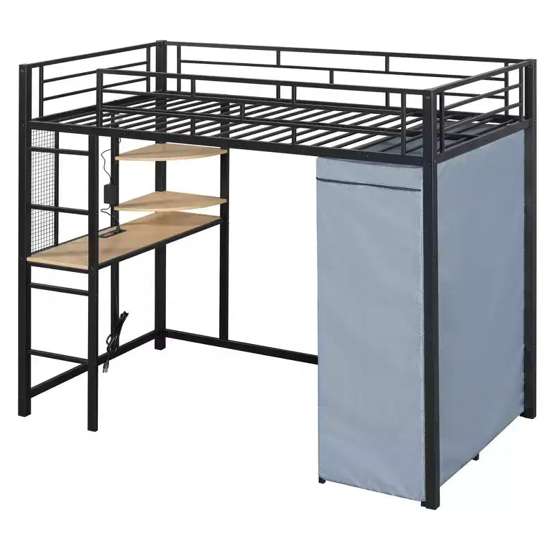 Letto a soppalco con armadio sottostante e tenda, struttura in metallo con scrivania, mensole, presa elettrica e luce a LED