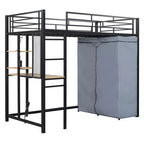 Letto a soppalco con armadio sottostante e tenda, struttura in metallo con scrivania, mensole, presa elettrica e luce a LED