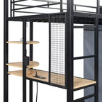 Letto a soppalco con armadio sottostante e tenda, struttura in metallo con scrivania, mensole, presa elettrica e luce a LED