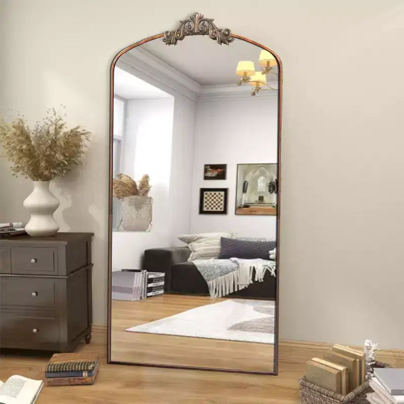 Specchio a figura intera con cornice in metallo intagliato vintage 66*36/43*24 pollici, specchio da pavimento di grandi dimensioni, specchio ad arco per negozio di abbigliamento, camerino