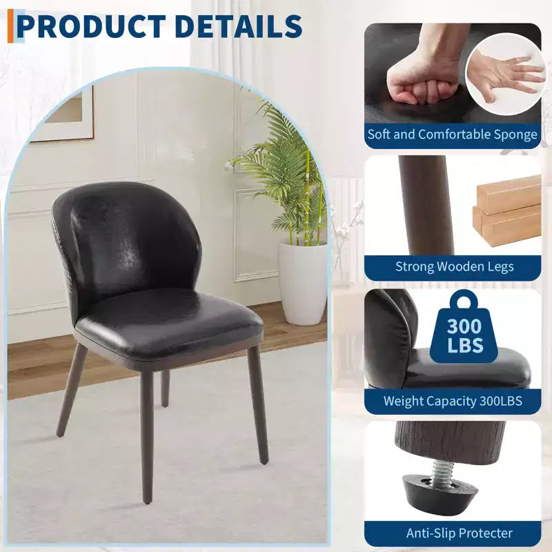 Set di 2 sedie da pranzo imbottite in pelle PU con gambe in legno, sedia da cucina moderna di metà secolo con schienale, facile montaggio, per casa e soggiorno