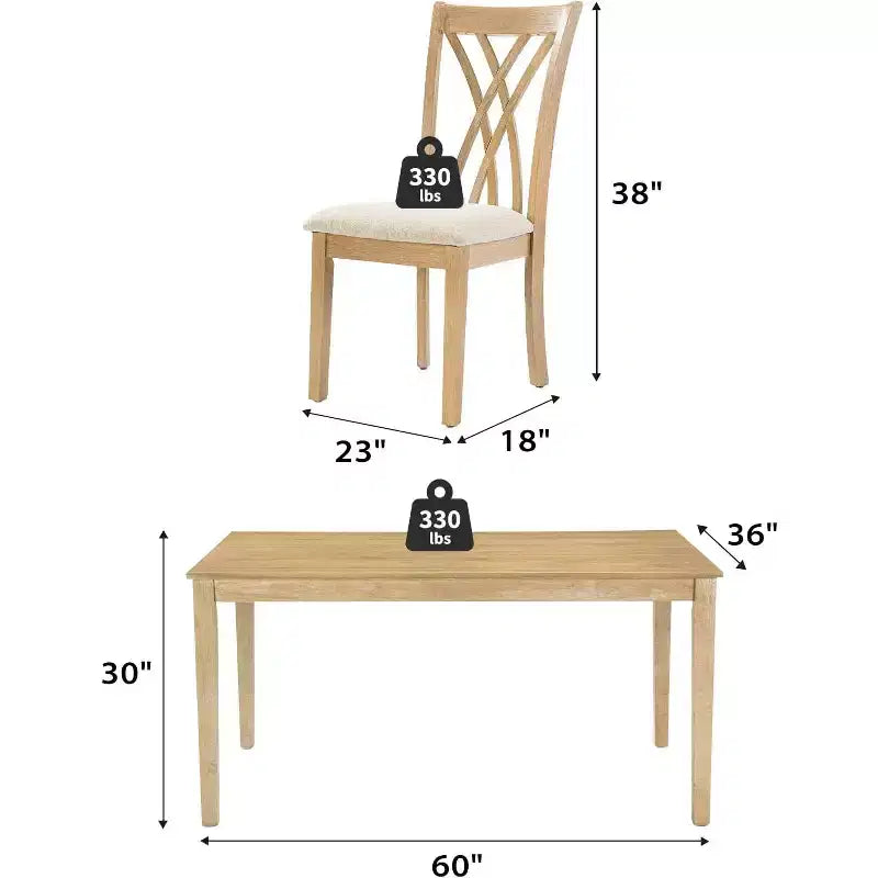 Tavolo da Pranzo a 7 Pezzi in Legno Massello con 6 Sedie Imbottite, Tavolo e Sedie Salvaspazio, per Sala da Pranzo, Cucina, Colore Legno Naturale