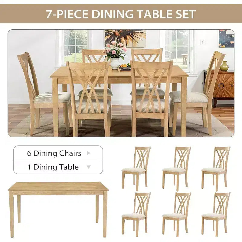 Tavolo da Pranzo a 7 Pezzi in Legno Massello con 6 Sedie Imbottite, Tavolo e Sedie Salvaspazio, per Sala da Pranzo, Cucina, Colore Legno Naturale