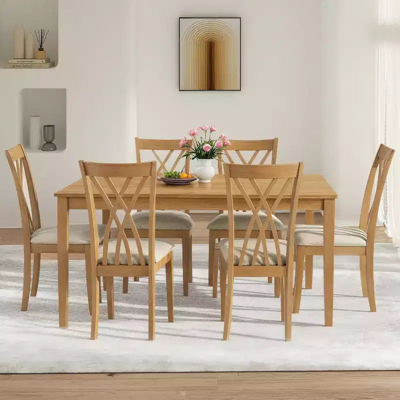 Tavolo da Pranzo a 7 Pezzi in Legno Massello con 6 Sedie Imbottite, Tavolo e Sedie Salvaspazio, per Sala da Pranzo, Cucina, Colore Legno Naturale