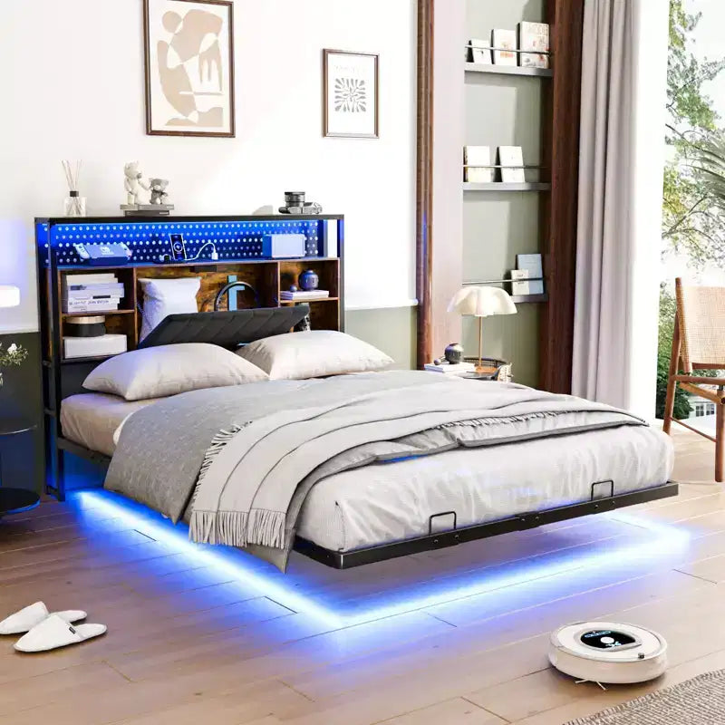 Struttura letto flottante con luci LED, stazione di ricarica, vano portaoggetti nascosto e testiera in velluto. Non richiede rete a doghe, facile da montare.