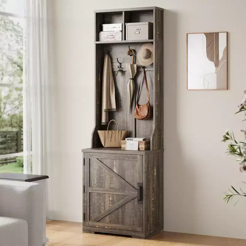 Albero da ingresso 3-in-1 sottile da 77" con panca porta scarpe e contenitore, appendiabiti da ingresso con 5 ganci in metallo, design salvaspazio