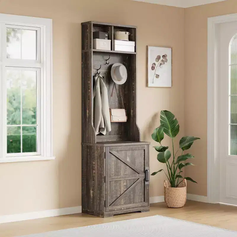 Albero da ingresso 3-in-1 sottile da 77" con panca porta scarpe e contenitore, appendiabiti da ingresso con 5 ganci in metallo, design salvaspazio