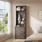 Albero da ingresso 3-in-1 sottile da 77" con panca porta scarpe e contenitore, appendiabiti da ingresso con 5 ganci in metallo, design salvaspazio
