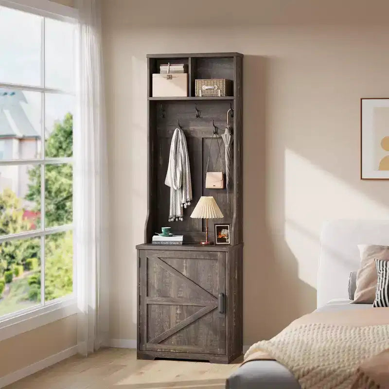 Albero da ingresso 3-in-1 sottile da 77" con panca porta scarpe e contenitore, appendiabiti da ingresso con 5 ganci in metallo, design salvaspazio