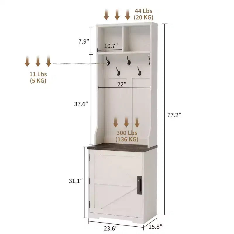 Albero da ingresso 3-in-1 sottile da 77" con panca porta scarpe e contenitore, appendiabiti da ingresso con 5 ganci in metallo, design salvaspazio