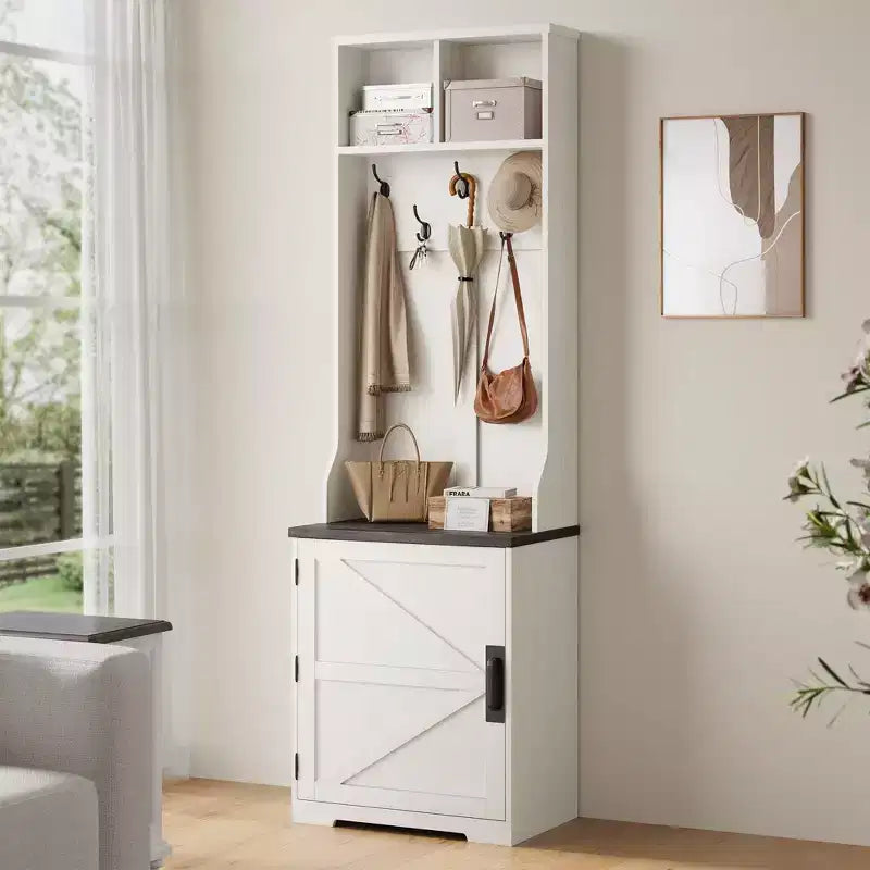 Albero da ingresso 3-in-1 sottile da 77" con panca porta scarpe e contenitore, appendiabiti da ingresso con 5 ganci in metallo, design salvaspazio