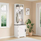 Albero da ingresso 3-in-1 sottile da 77" con panca porta scarpe e contenitore, appendiabiti da ingresso con 5 ganci in metallo, design salvaspazio