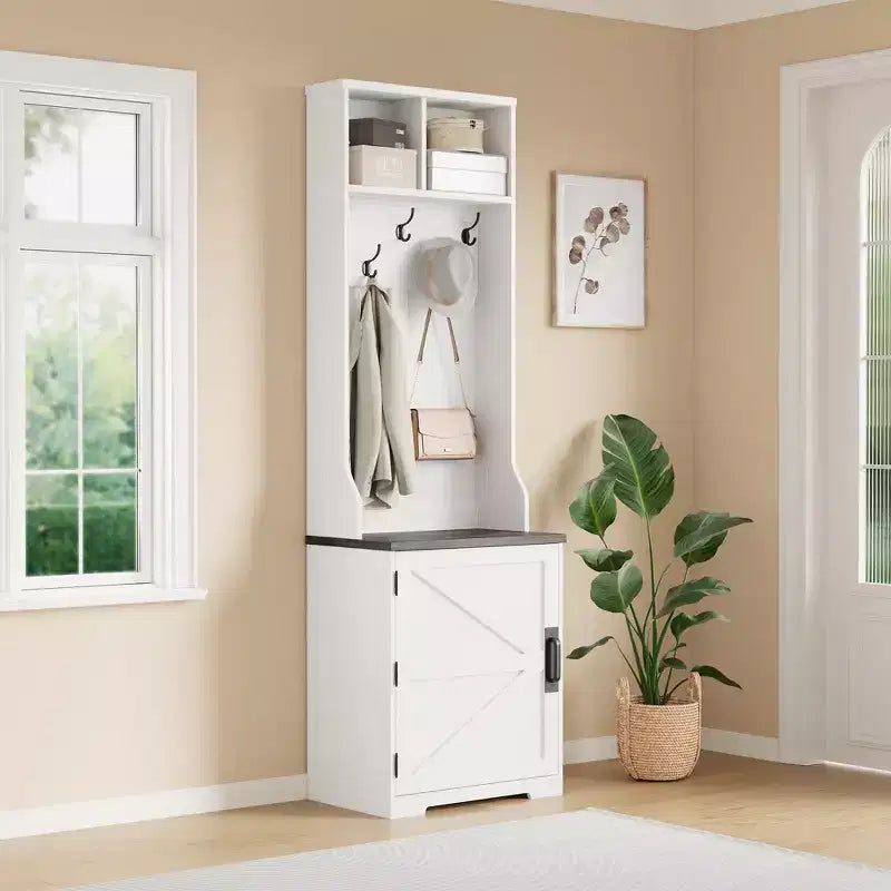 Albero da ingresso 3-in-1 sottile da 77" con panca porta scarpe e contenitore, appendiabiti da ingresso con 5 ganci in metallo, design salvaspazio
