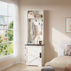 Albero da ingresso 3-in-1 sottile da 77" con panca porta scarpe e contenitore, appendiabiti da ingresso con 5 ganci in metallo, design salvaspazio