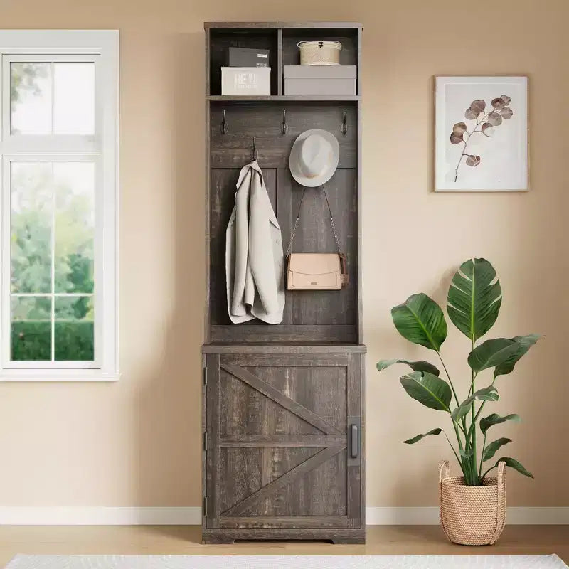 Albero da ingresso 3-in-1 sottile da 77" con panca porta scarpe e contenitore, appendiabiti da ingresso con 5 ganci in metallo, design salvaspazio