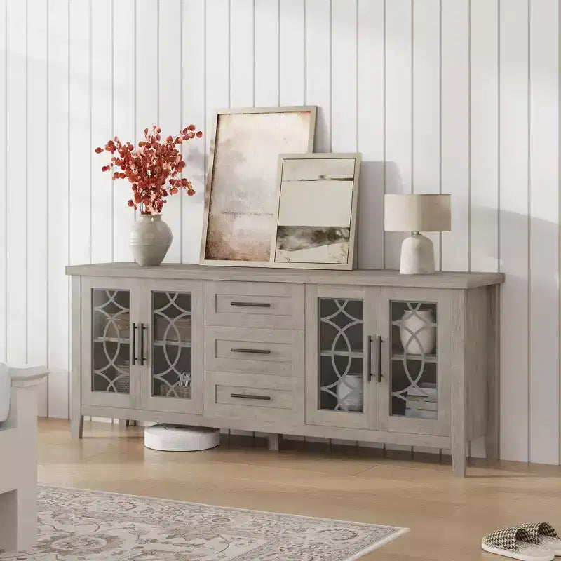 Mobile TV in stile rustico per TV da 70 pollici, con anta in vetro, 2 ante portaoggetti e 3 cassetti, consolle con ripiani per camera da letto e soggiorno