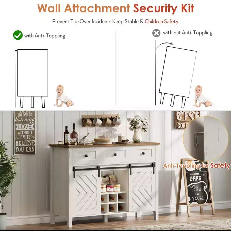 Credenza rustica da 120 cm con anta scorrevole a fienile, mobile buffet in legno alto 85 cm con 3 cassetti, ripiano regolabile e portabottiglie rimovibile