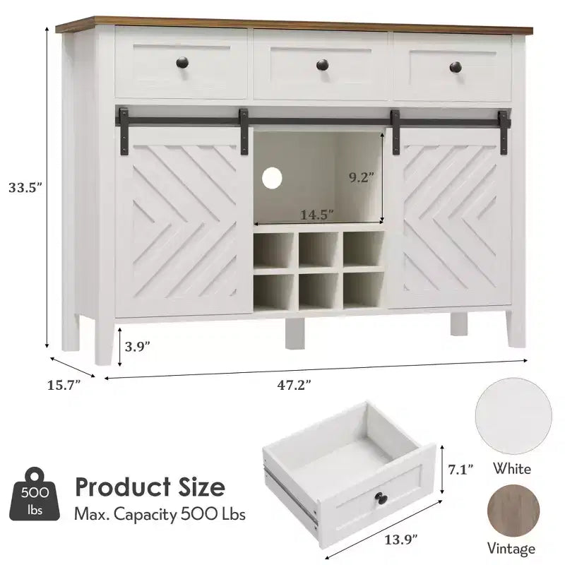 Credenza rustica da 120 cm con anta scorrevole a fienile, mobile buffet in legno alto 85 cm con 3 cassetti, ripiano regolabile e portabottiglie rimovibile