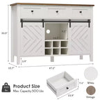 Credenza rustica da 120 cm con anta scorrevole a fienile, mobile buffet in legno alto 85 cm con 3 cassetti, ripiano regolabile e portabottiglie rimovibile