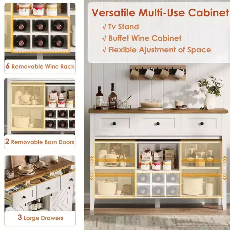 Credenza rustica da 120 cm con anta scorrevole a fienile, mobile buffet in legno alto 85 cm con 3 cassetti, ripiano regolabile e portabottiglie rimovibile