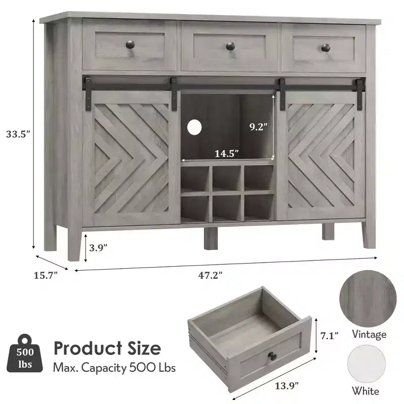 Credenza rustica da 120 cm con anta scorrevole a fienile, mobile buffet in legno alto 85 cm con 3 cassetti, ripiano regolabile e portabottiglie rimovibile