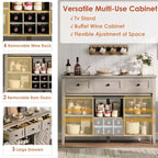 Credenza rustica da 120 cm con anta scorrevole a fienile, mobile buffet in legno alto 85 cm con 3 cassetti, ripiano regolabile e portabottiglie rimovibile
