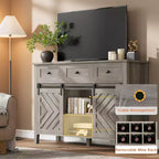 Credenza rustica da 120 cm con anta scorrevole a fienile, mobile buffet in legno alto 85 cm con 3 cassetti, ripiano regolabile e portabottiglie rimovibile