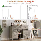 Credenza rustica da 120 cm con anta scorrevole a fienile, mobile buffet in legno alto 85 cm con 3 cassetti, ripiano regolabile e portabottiglie rimovibile