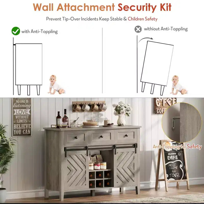 Credenza rustica da 120 cm con anta scorrevole a fienile, mobile buffet in legno alto 85 cm con 3 cassetti, ripiano regolabile e portabottiglie rimovibile