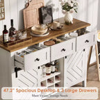 Credenza rustica da 120 cm con anta scorrevole a fienile, mobile buffet in legno alto 85 cm con 3 cassetti, ripiano regolabile e portabottiglie rimovibile