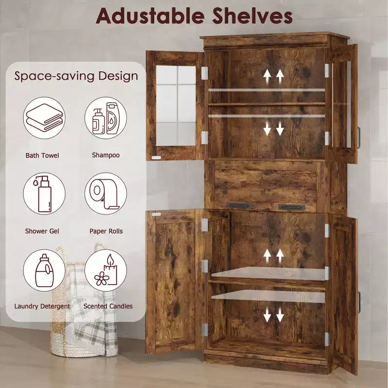 67 Mobiletto Alto da Bagno, Mobile Contenitore da Bagno a Doppia Anta con Cassetto, Ripiani Regolabili, per Bagno Soggiorno Cucina