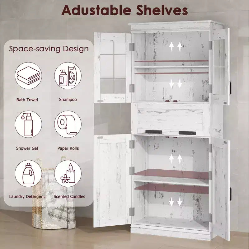 67 Mobiletto Alto da Bagno, Mobile Contenitore da Bagno a Doppia Anta con Cassetto, Ripiani Regolabili, per Bagno Soggiorno Cucina