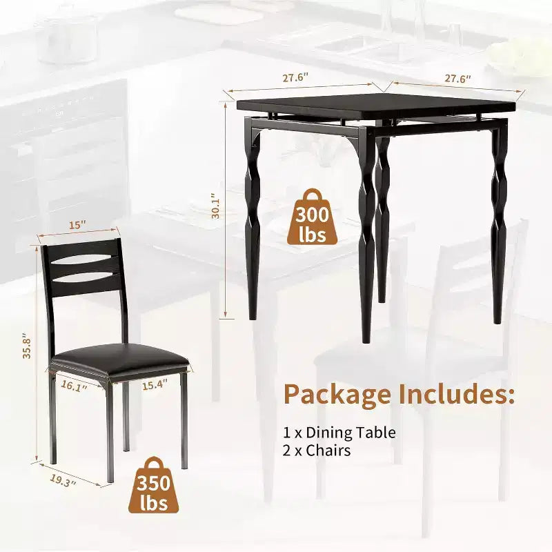 Set tavolo da pranzo industriale da 3 pezzi per 2 persone con sedie imbottite Set tavolo da cucina con tavolo con gambe a spirale (nero)