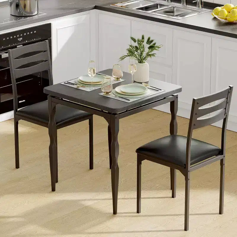 Set tavolo da pranzo industriale da 3 pezzi per 2 persone con sedie imbottite Set tavolo da cucina con tavolo con gambe a spirale (nero)