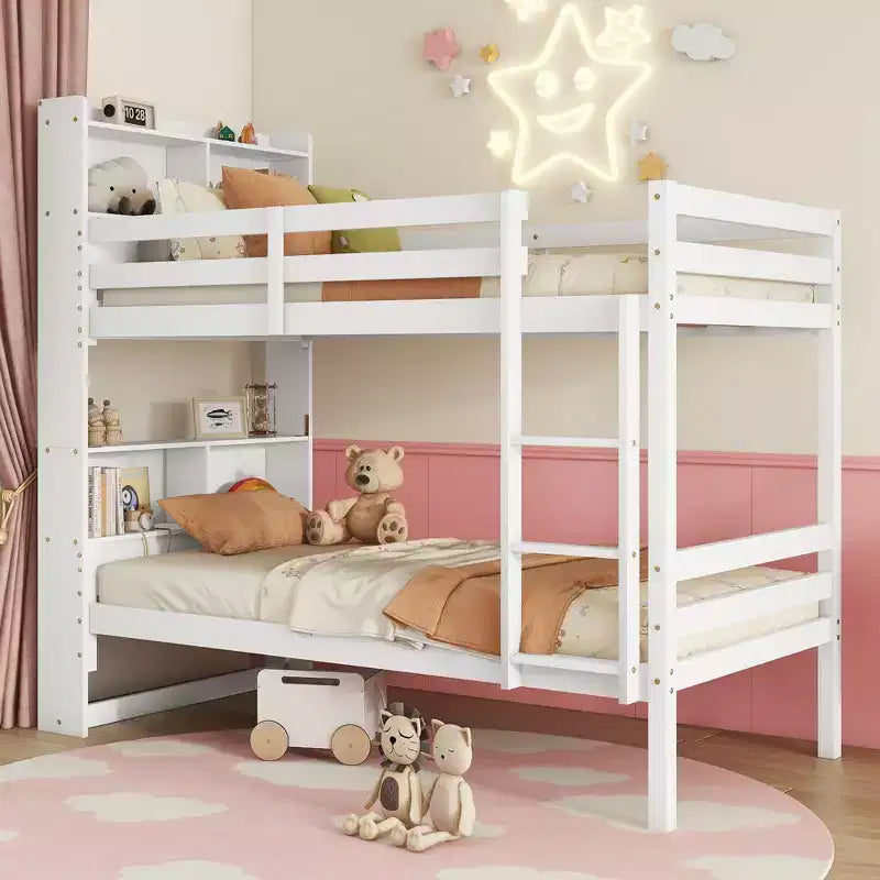 Letto a castello singolo con testiera a scaffali, sponde di sicurezza e scaletta, convertibile in 2 letti, Bianco