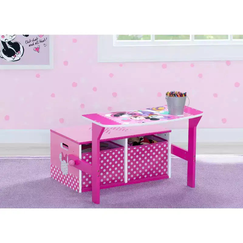 Panca attività 3-in-1 Minnie Mouse, MDF, 2 contenitori in tessuto, pois rosa