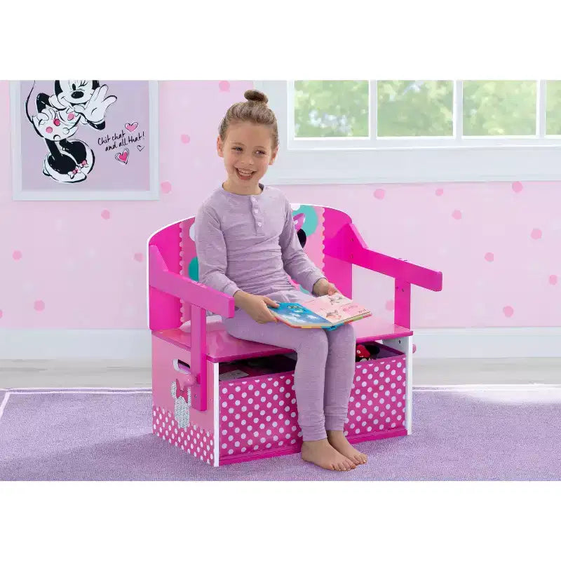 Panca attività 3-in-1 Minnie Mouse, MDF, 2 contenitori in tessuto, pois rosa