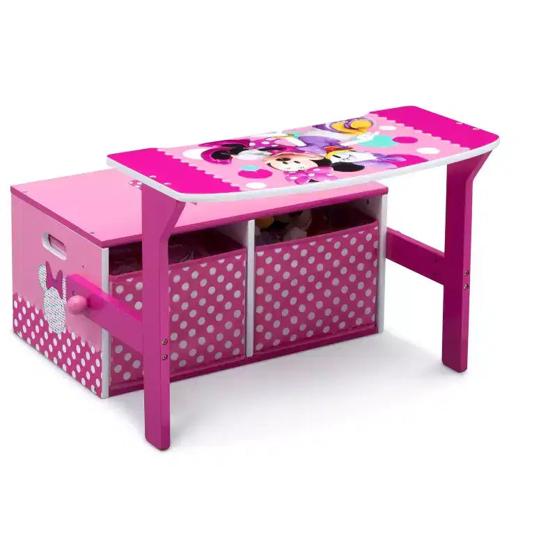 Panca attività 3-in-1 Minnie Mouse, MDF, 2 contenitori in tessuto, pois rosa