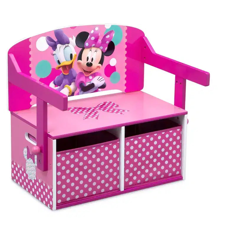 Panca attività 3-in-1 Minnie Mouse, MDF, 2 contenitori in tessuto, pois rosa