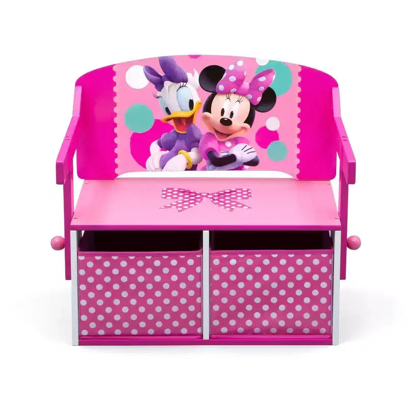 Panca attività 3-in-1 Minnie Mouse, MDF, 2 contenitori in tessuto, pois rosa