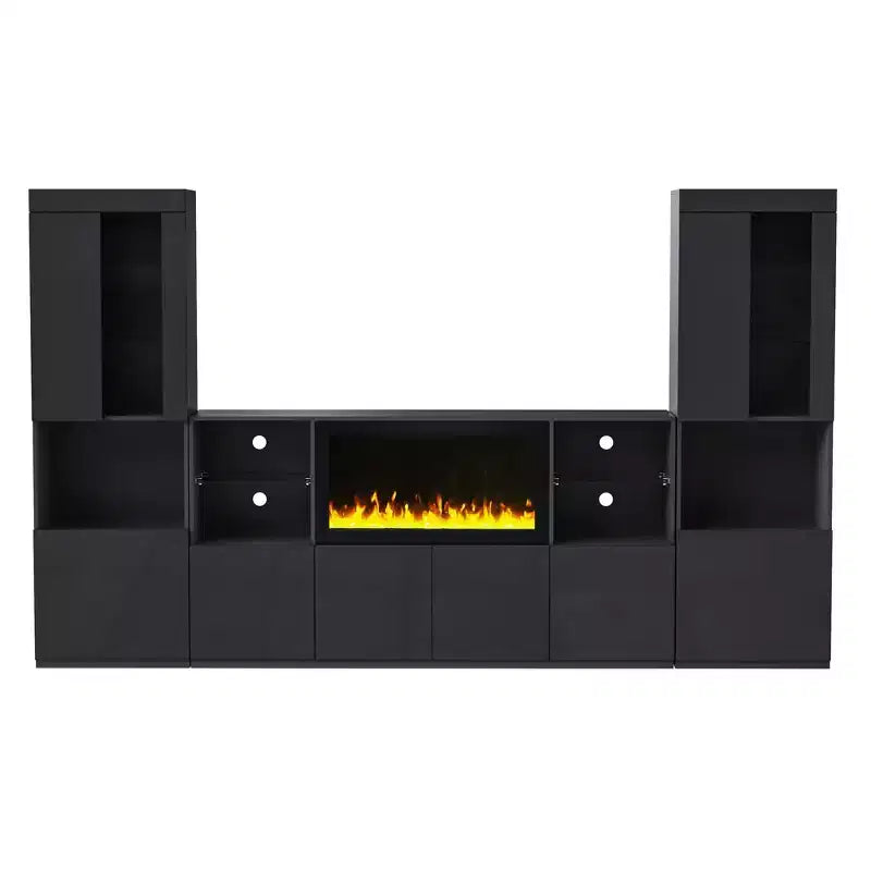 Mobile TV Moderno con Luci a LED per TV da 75 pollici, Tavolino Console Multimediale con Ripiani in Vetro Temperato e Caminetto Non Riscaldante
