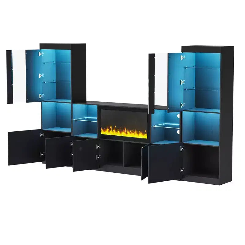Mobile TV Moderno con Luci a LED per TV da 75 pollici, Tavolino Console Multimediale con Ripiani in Vetro Temperato e Caminetto Non Riscaldante