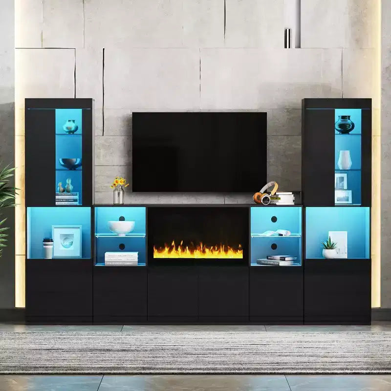 Mobile TV Moderno con Luci a LED per TV da 75 pollici, Tavolino Console Multimediale con Ripiani in Vetro Temperato e Caminetto Non Riscaldante